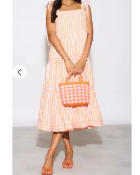 Orange Stripe Print Comfort Cotton Blend Midi Dress