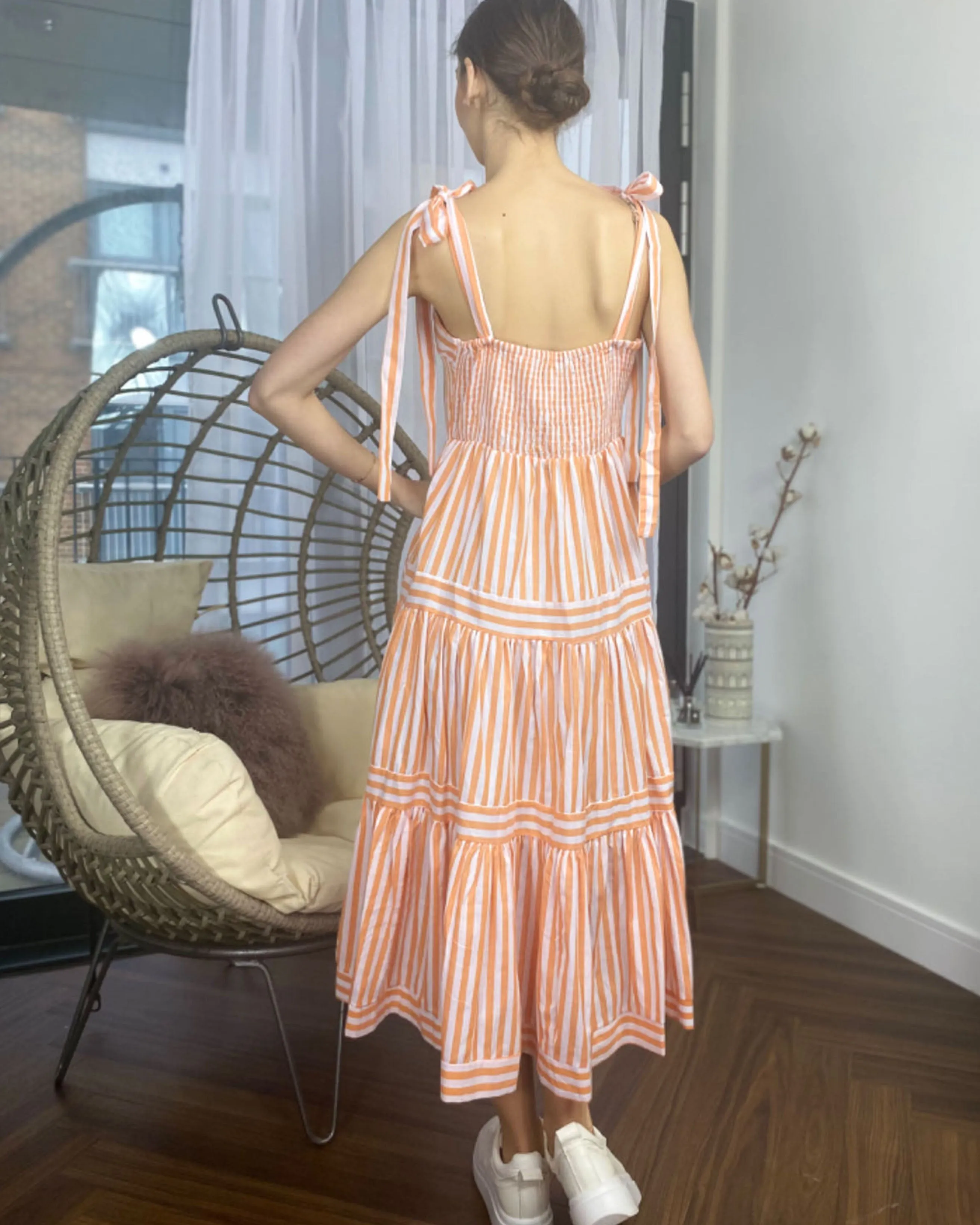 Orange Stripe Print Comfort Cotton Blend Midi Dress