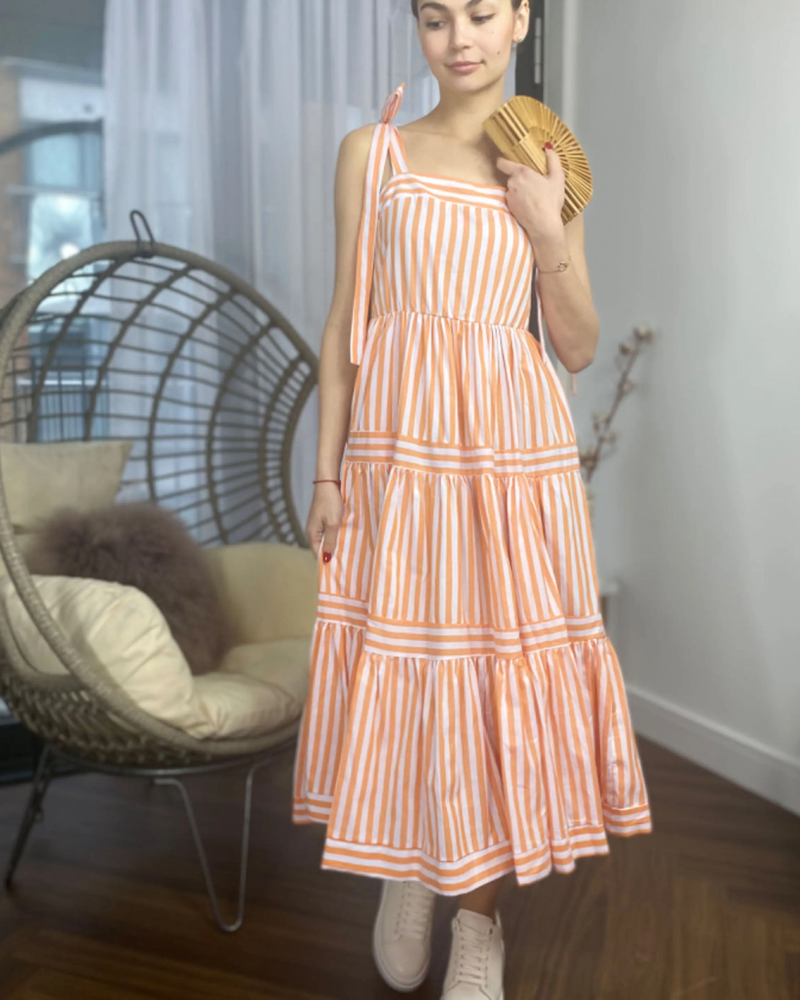 Orange Stripe Print Comfort Cotton Blend Midi Dress