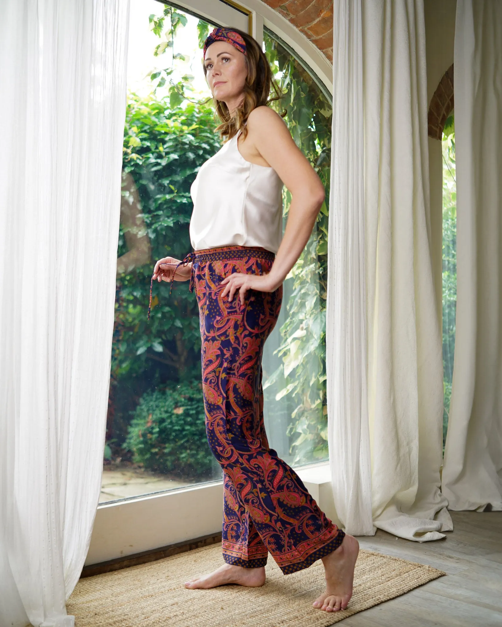 Pink & Navy Blue Trousers | Farrah Lightweight Silky Elasticated Waist Paisley Print Pants