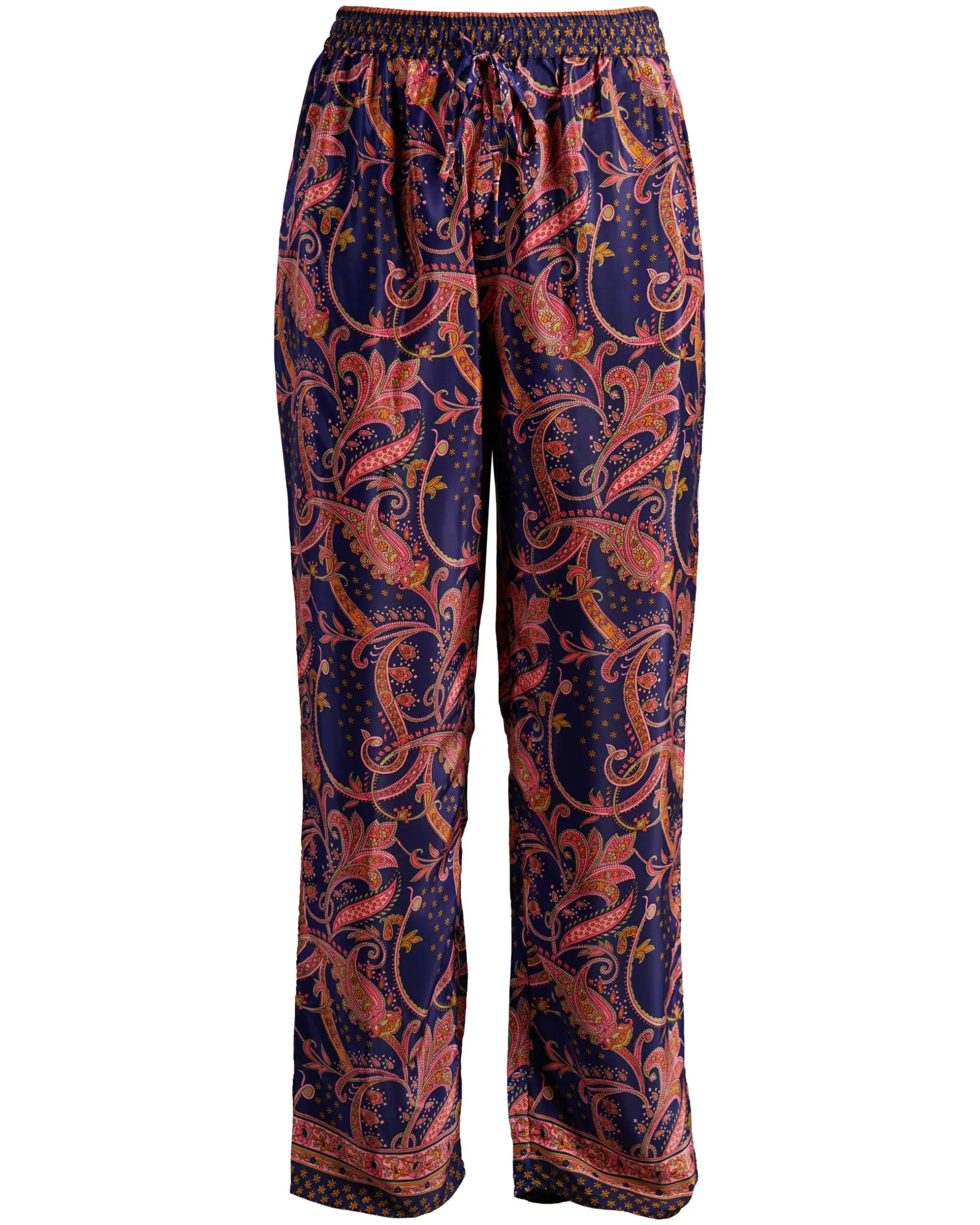 Pink & Navy Blue Trousers | Farrah Lightweight Silky Elasticated Waist Paisley Print Pants