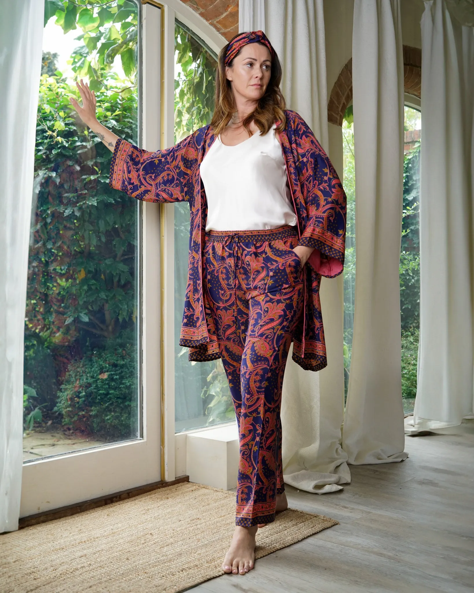 Pink & Navy Blue Trousers | Farrah Lightweight Silky Elasticated Waist Paisley Print Pants