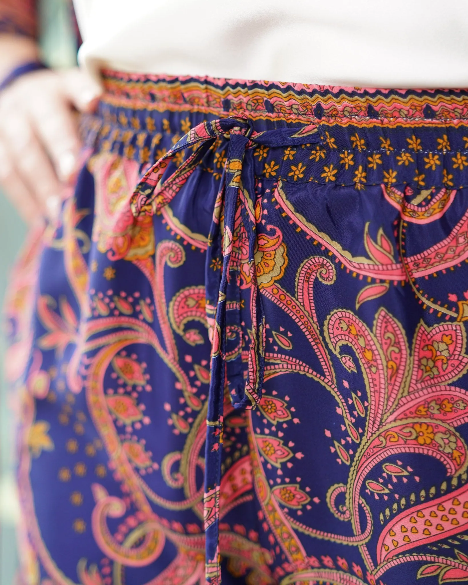 Pink & Navy Blue Trousers | Farrah Lightweight Silky Elasticated Waist Paisley Print Pants