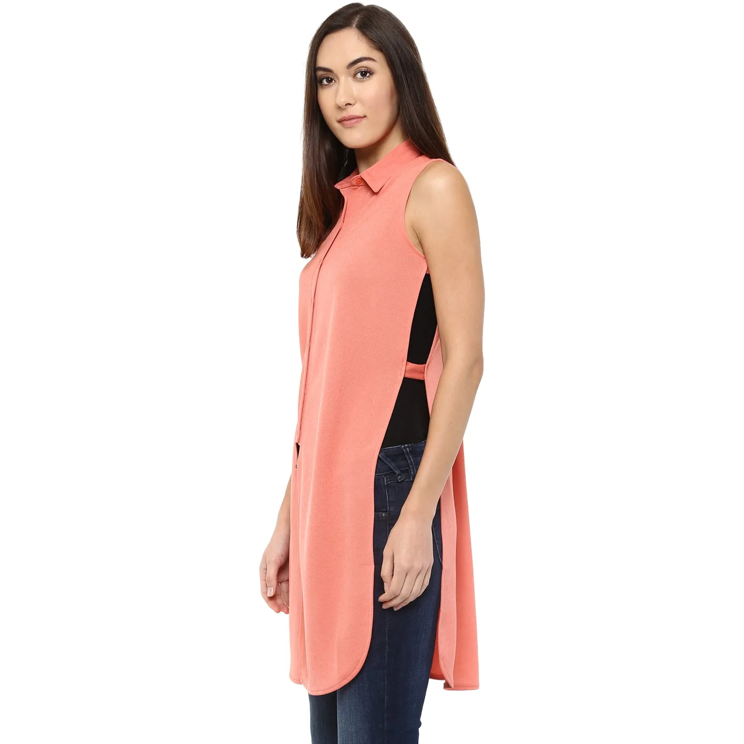 Pink Front And Side Slit Tunic With Regular Collar