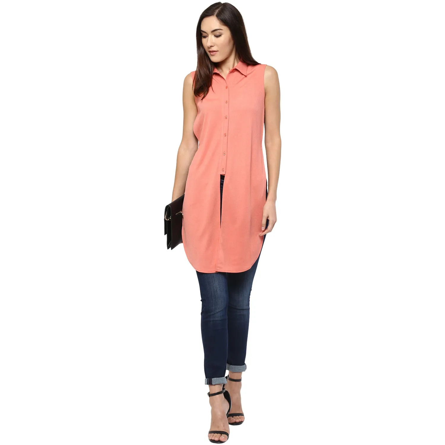 Pink Front And Side Slit Tunic With Regular Collar