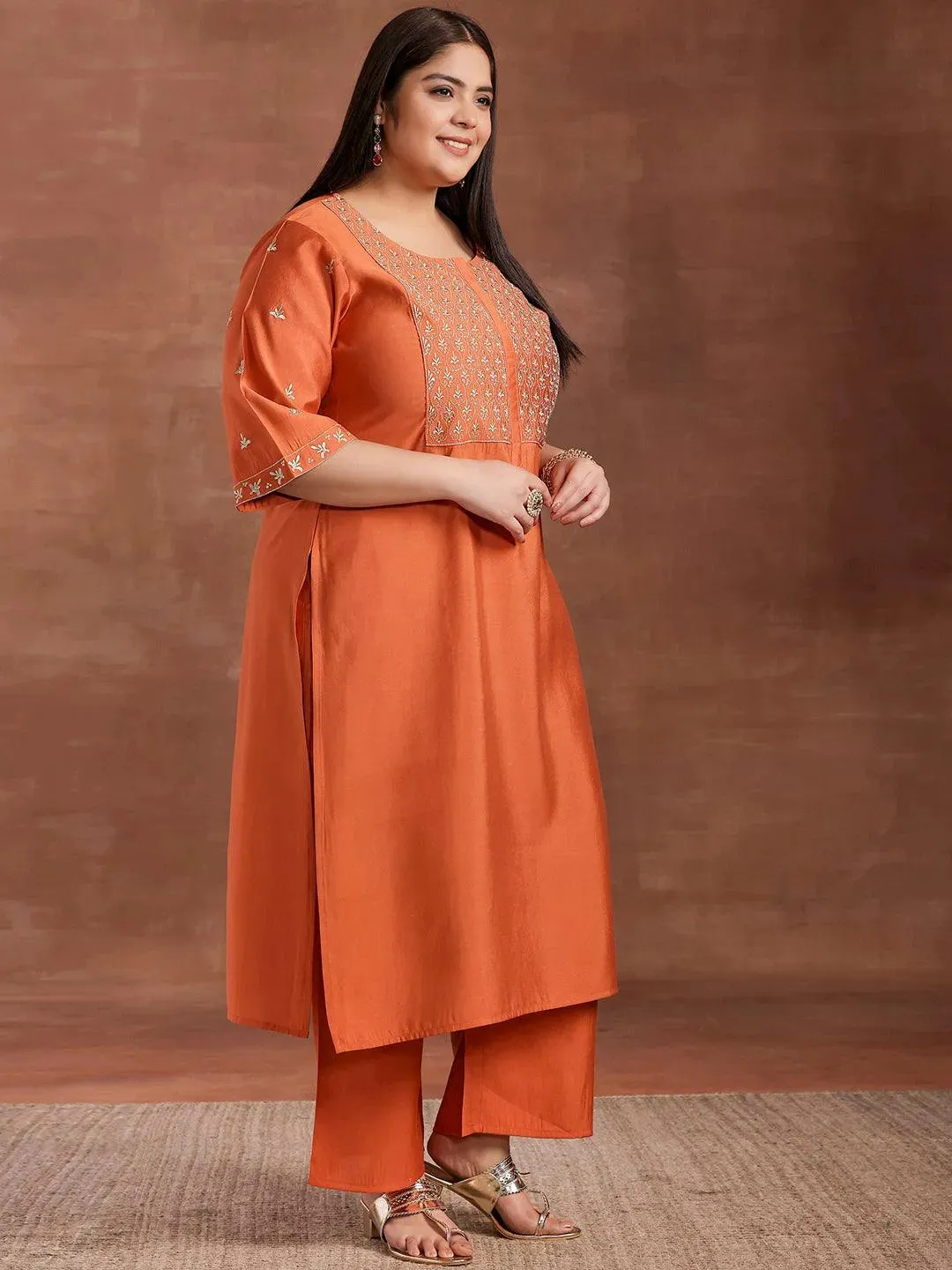 Plus Size Coral Solid Silk Blend Straight Suit With Dupatta