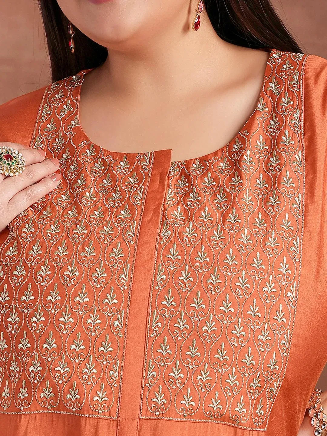 Plus Size Coral Solid Silk Blend Straight Suit With Dupatta