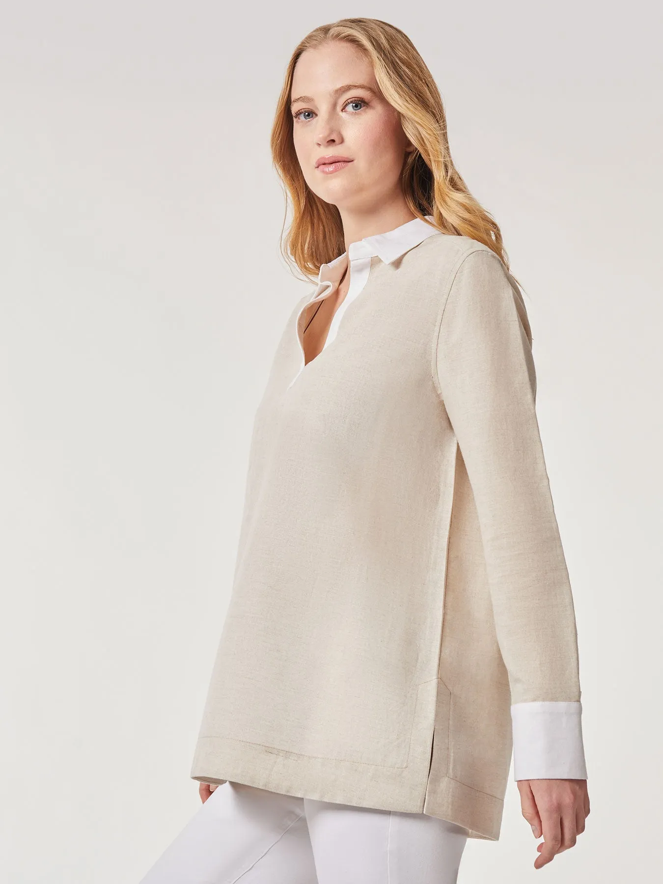 Plus Size Solid Linen Popover Tunic