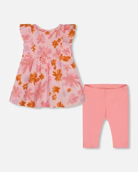 Printed Tunic And Solid Leggings Set Pink And Coral Flowers