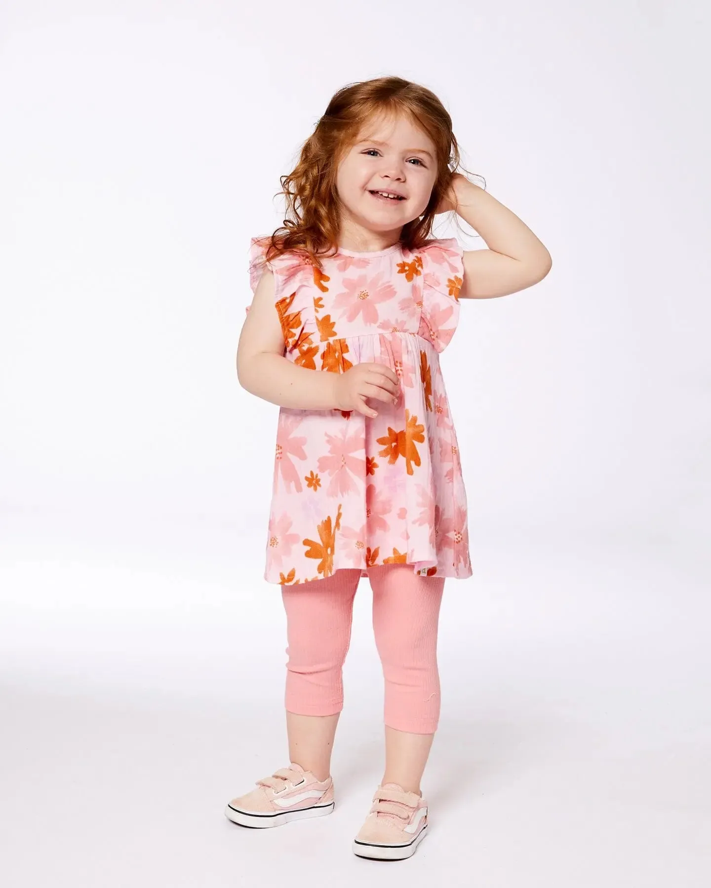 Printed Tunic And Solid Leggings Set Pink And Coral Flowers