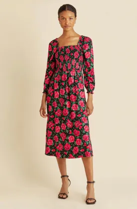 Rose Print Shirred Bodice Dress