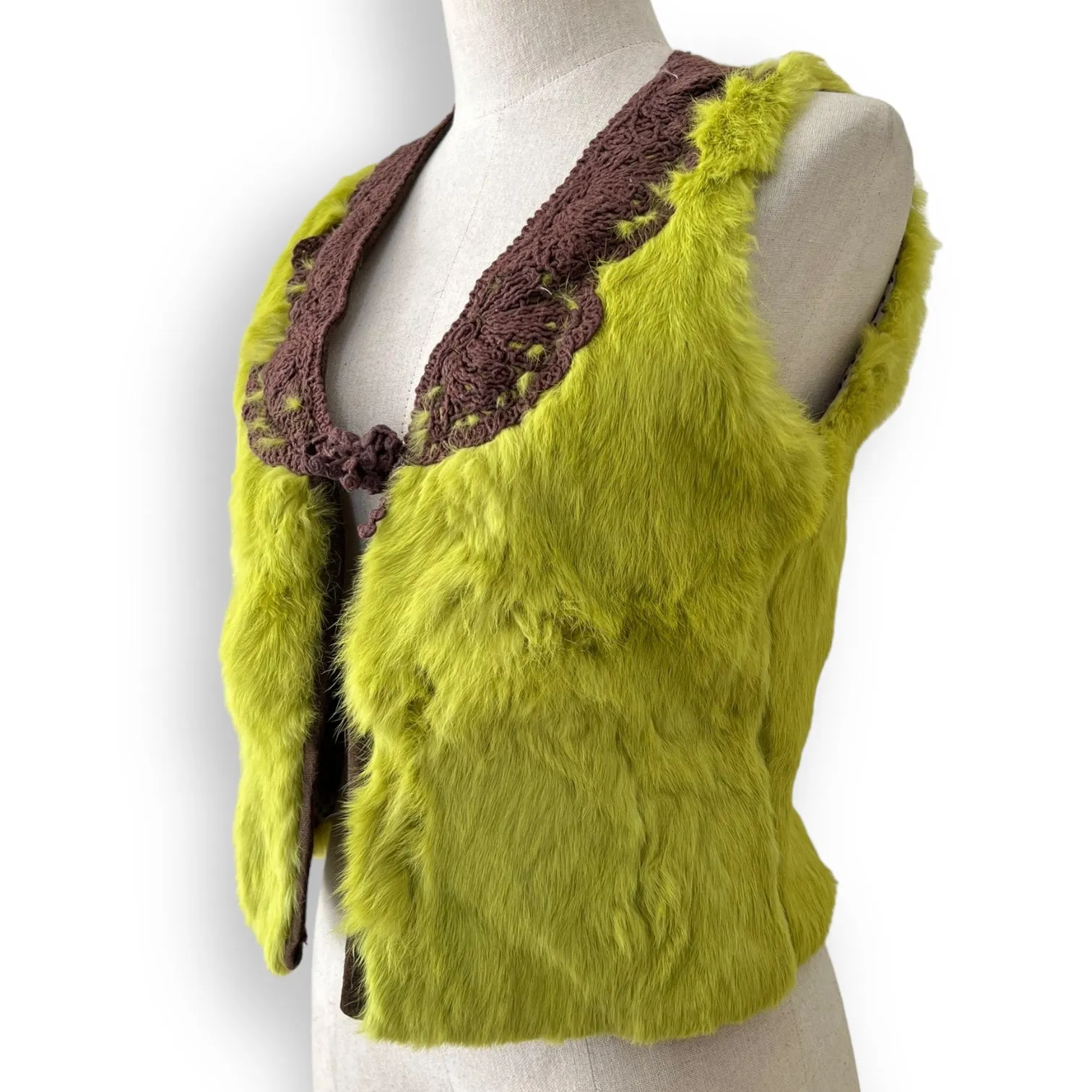 Super Cool Vintage Lime Green Fur Gilet with Crochet Trim