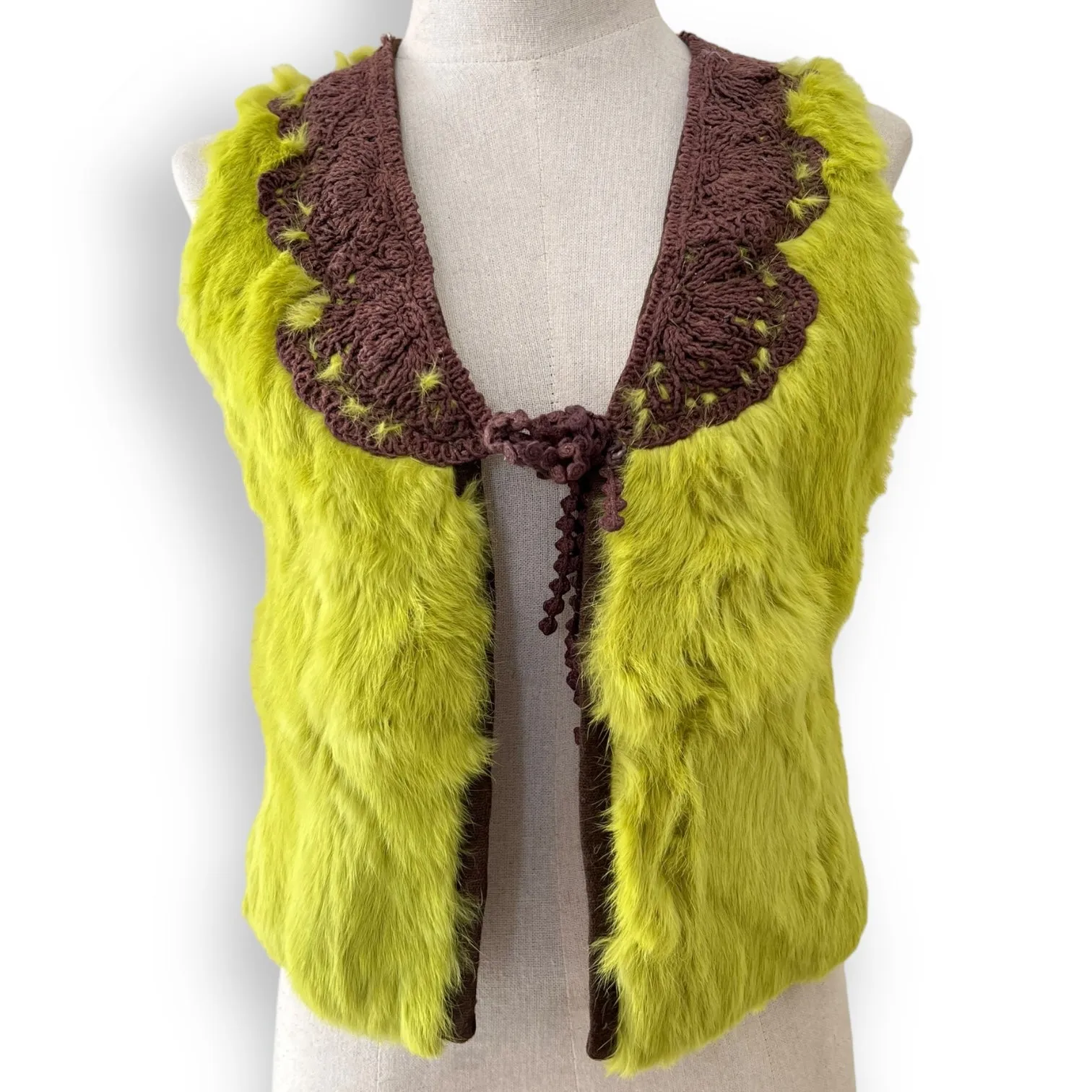 Super Cool Vintage Lime Green Fur Gilet with Crochet Trim