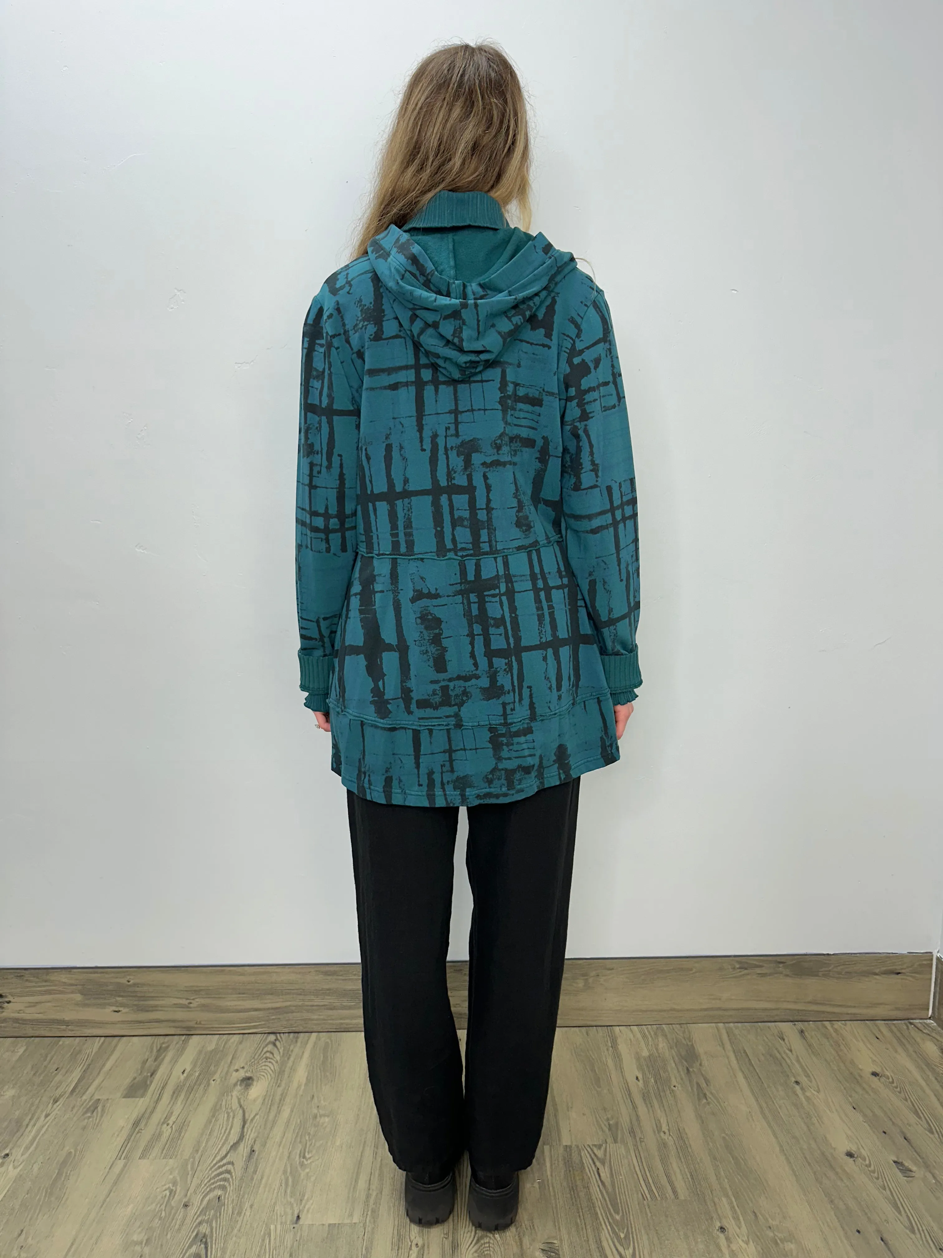 Teal Pattern Button Down Hooded Jacket