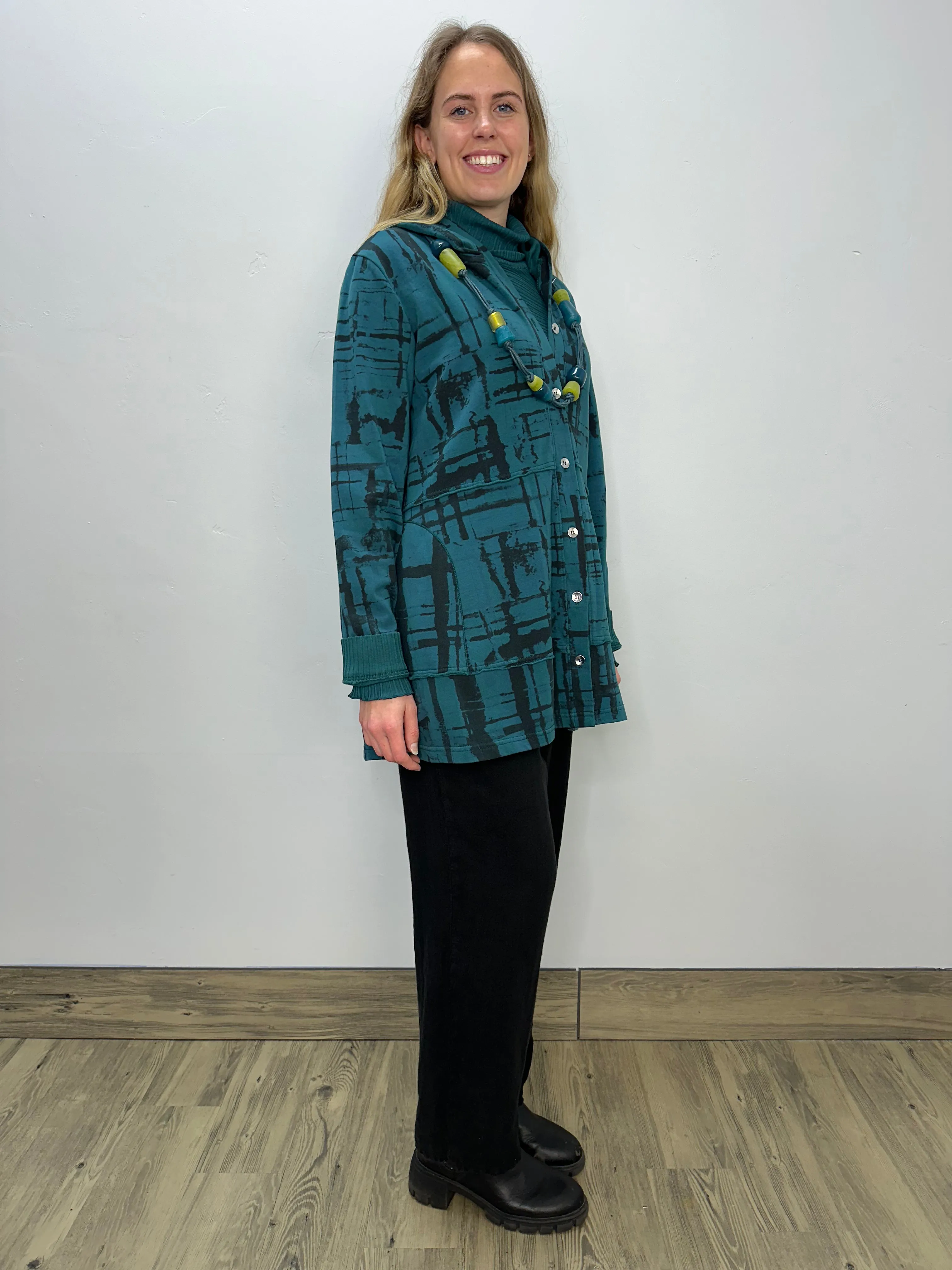 Teal Pattern Button Down Hooded Jacket