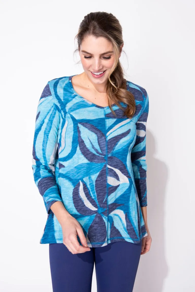 V-Neck Tunic 3/4 Sleeve Slub Tee in Lapis Floral by Escape