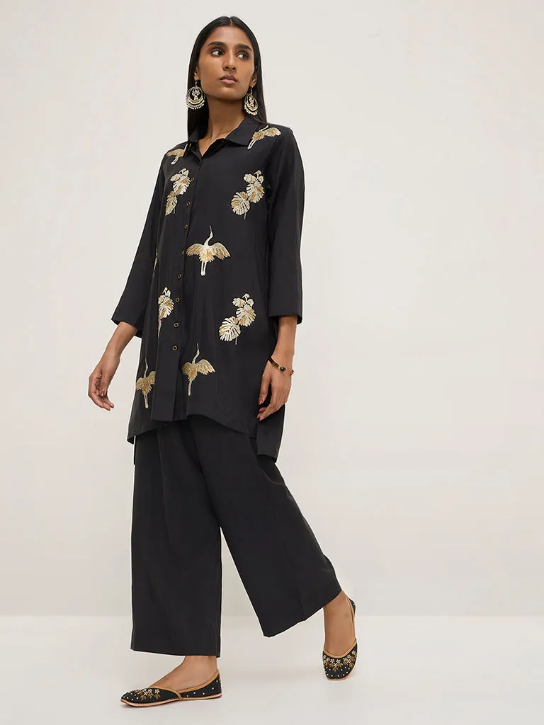 Vark Black Embroidered High-Low Tunic and Pants Set