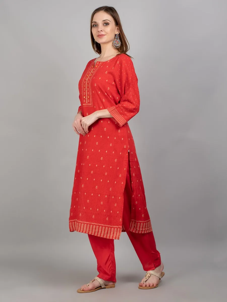 Women Coral Geometric Printed Kurta Trouser Dupatta