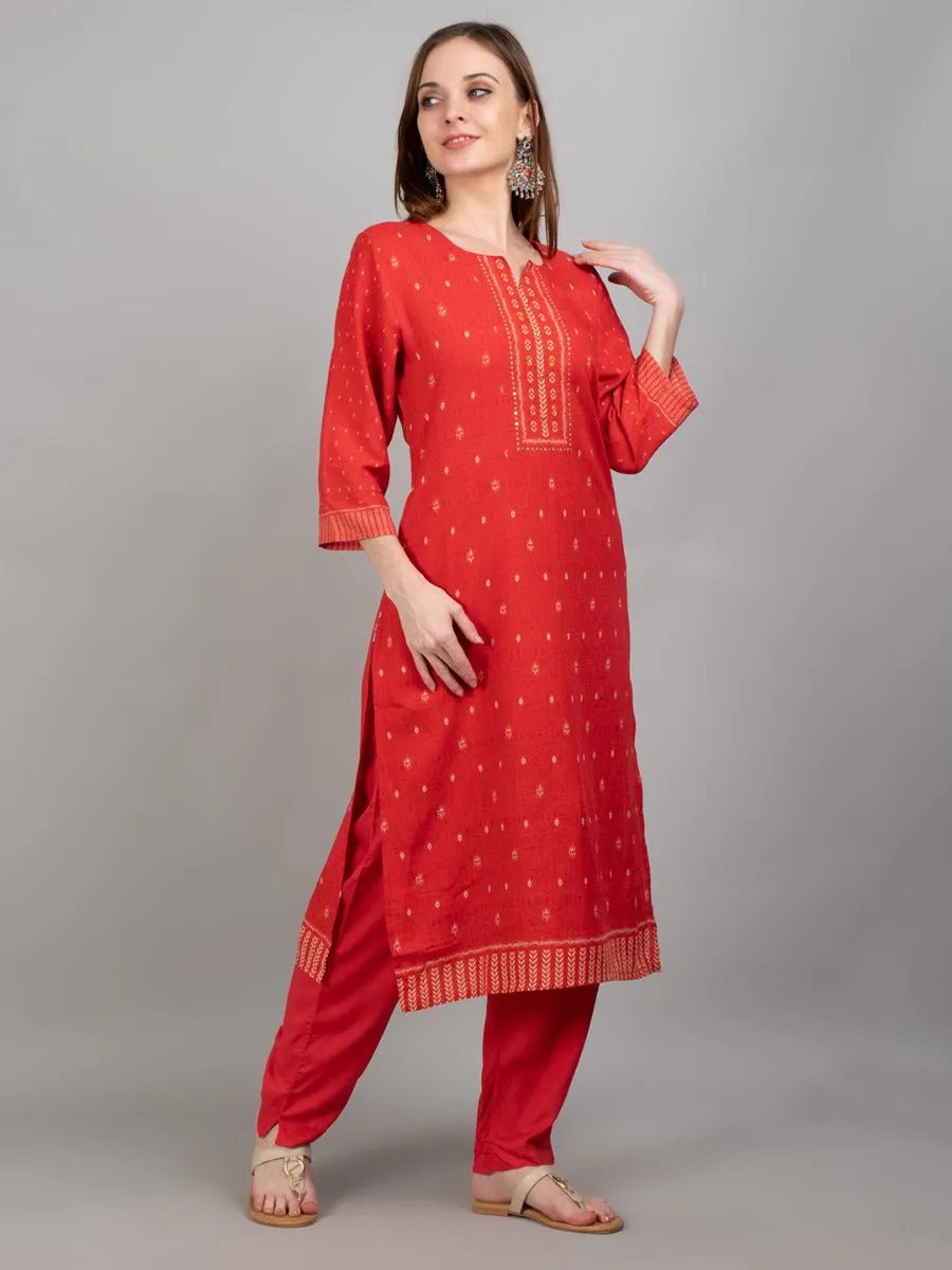 Women Coral Geometric Printed Kurta Trouser Dupatta