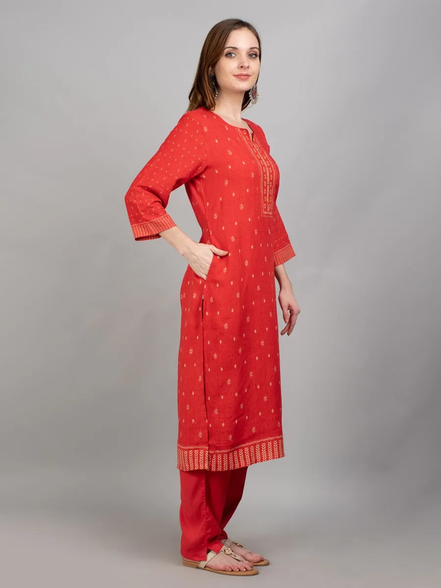 Women Coral Geometric Printed Kurta Trouser Dupatta