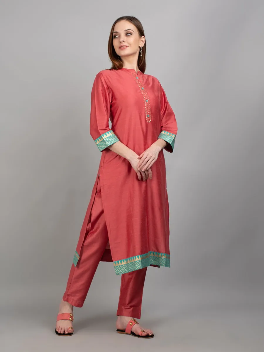 Women Coral Solid Kurta Trouser Dupatta