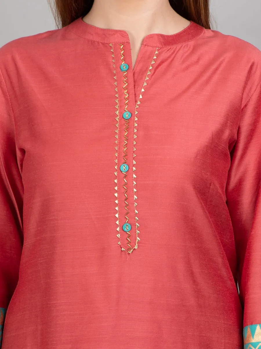 Women Coral Solid Kurta Trouser Dupatta