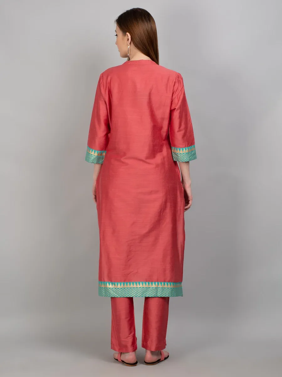 Women Coral Solid Kurta Trouser Dupatta