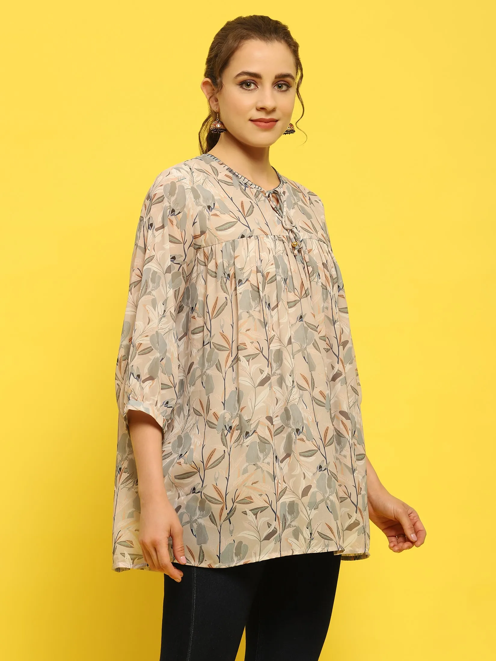 Women Georgette Grey Tropical Print Tunic