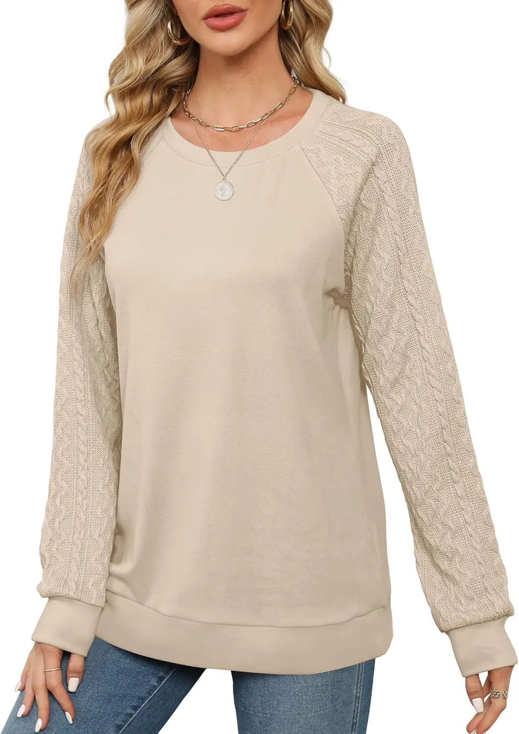 Women’s Crewneck Cable Knit Sweatshirt – Lightweight Fashion 2024