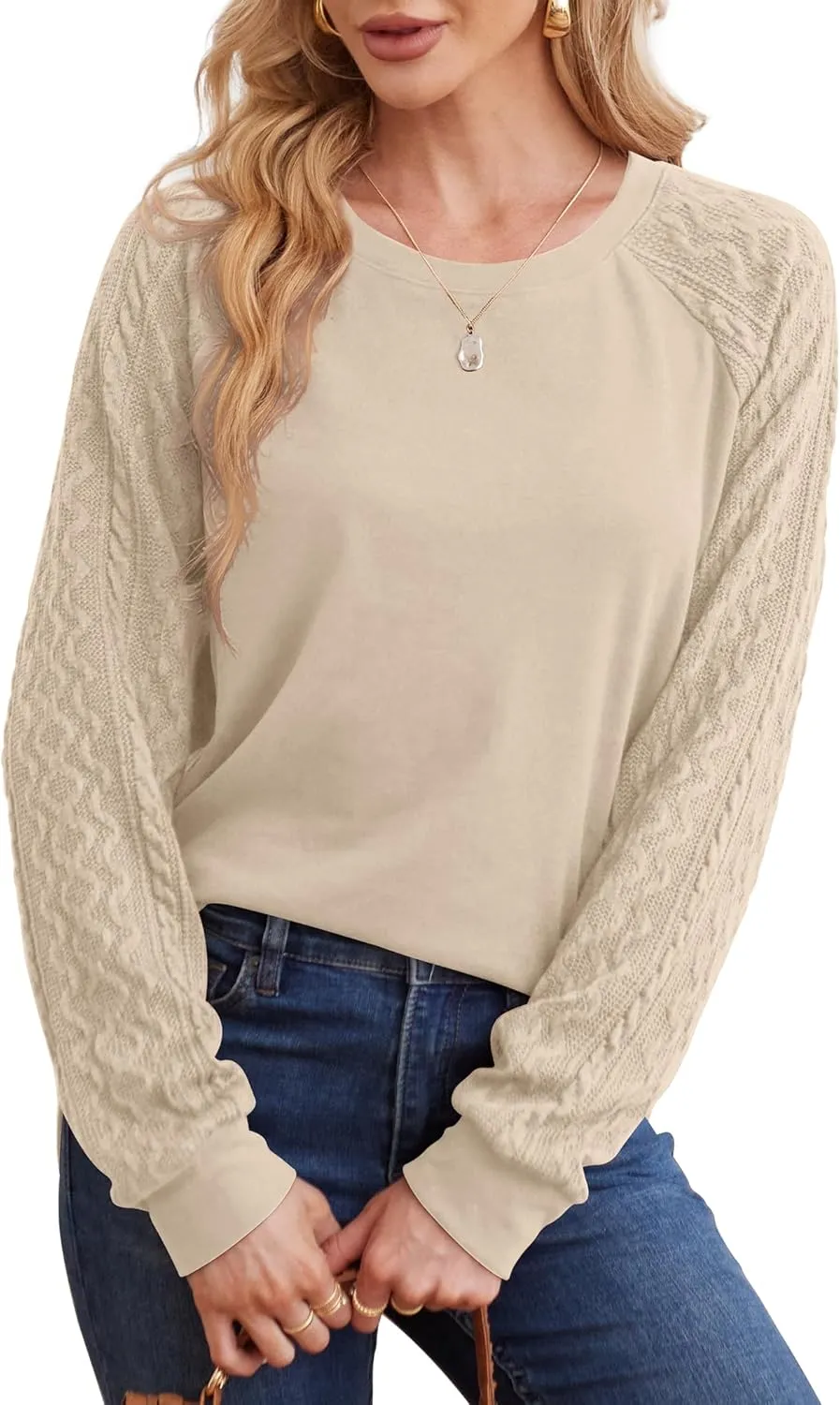 Women’s Crewneck Cable Knit Sweatshirt – Lightweight Fashion 2024