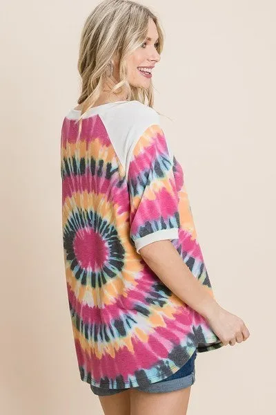 Women's French Terry Tie Dye Printed Casual Mini Bubble Sleeves Tunic Top