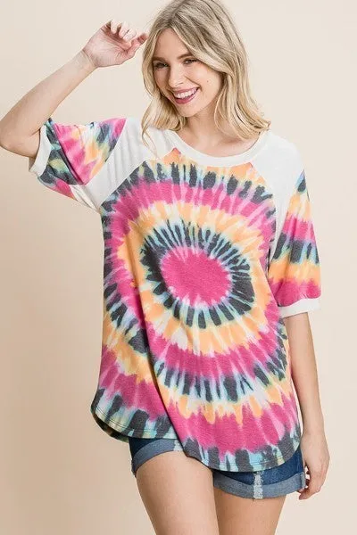 Women's French Terry Tie Dye Printed Casual Mini Bubble Sleeves Tunic Top