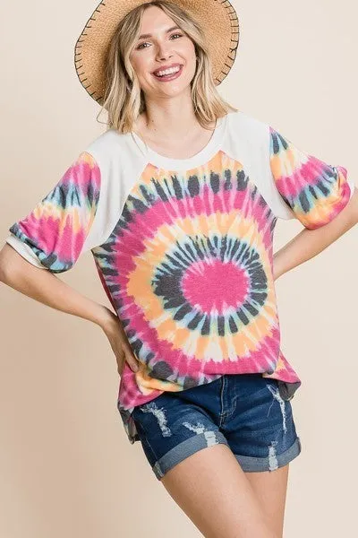 Women's French Terry Tie Dye Printed Casual Mini Bubble Sleeves Tunic Top