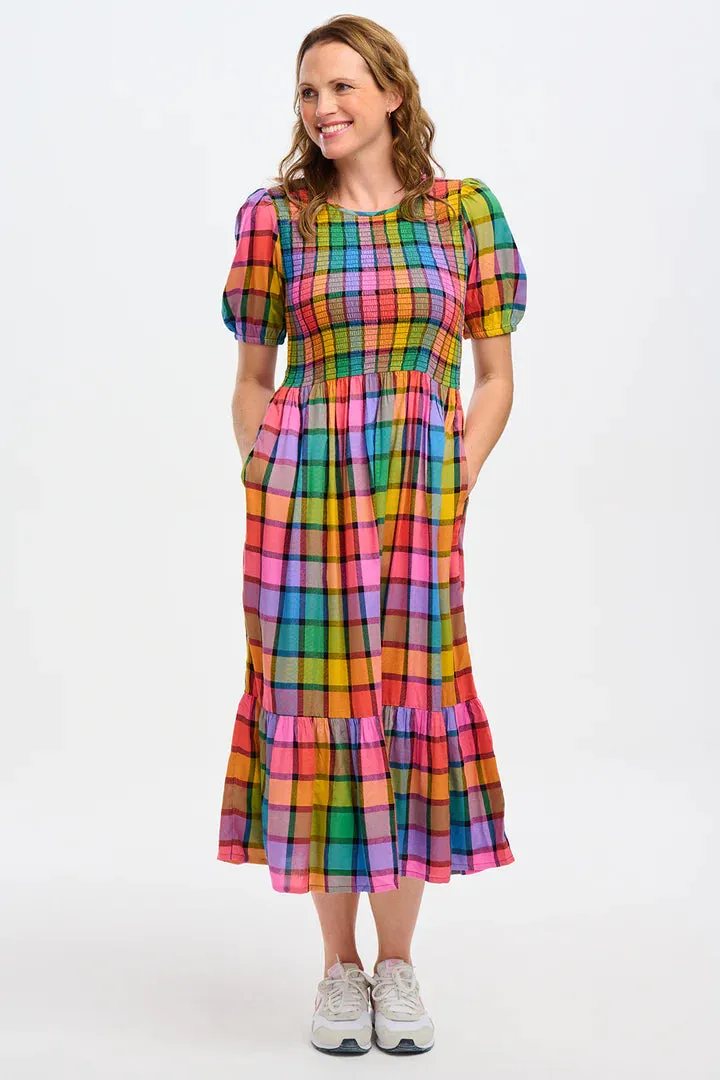 Yolanda Midi Shirred Dress (Multi Summer Rainbow Check)