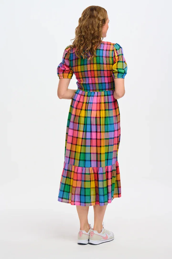 Yolanda Midi Shirred Dress (Multi Summer Rainbow Check)