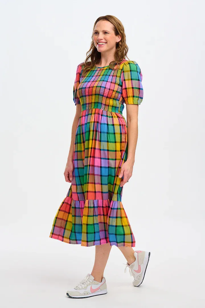 Yolanda Midi Shirred Dress (Multi Summer Rainbow Check)