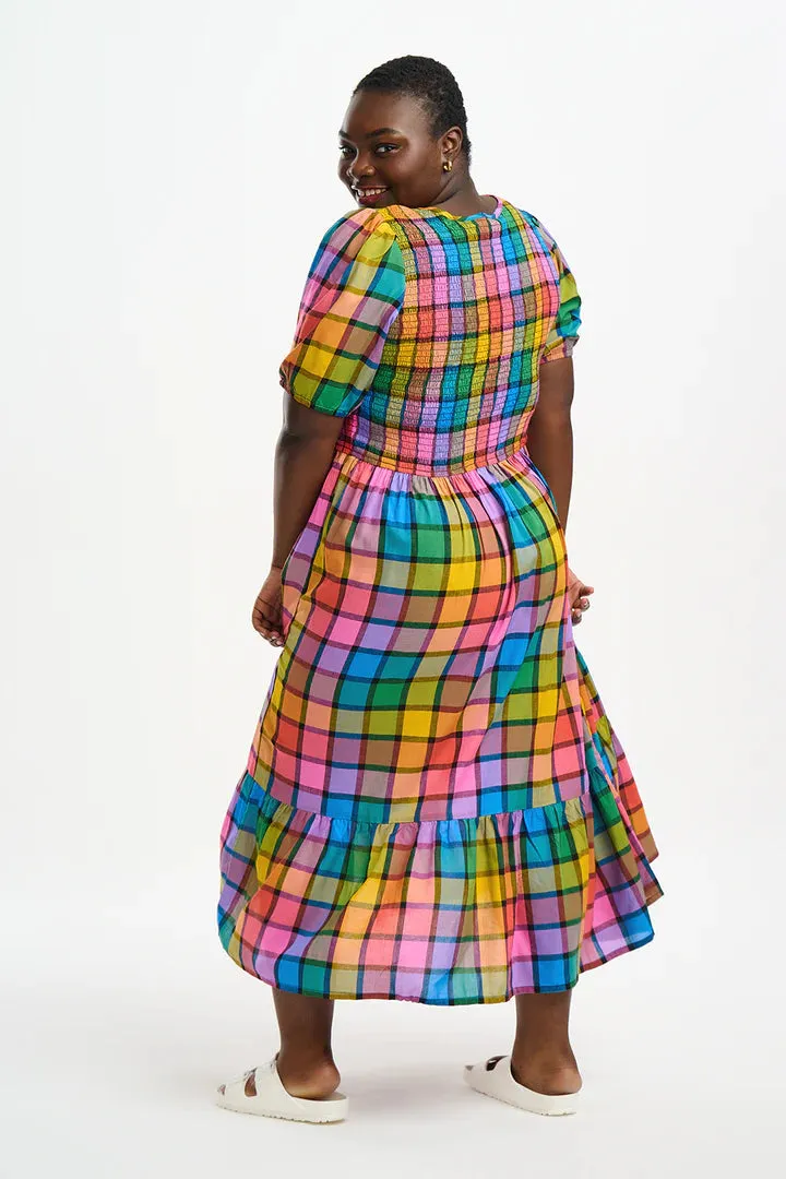 Yolanda Midi Shirred Dress (Multi Summer Rainbow Check)