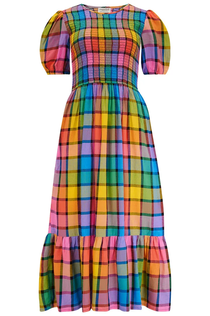 Yolanda Midi Shirred Dress (Multi Summer Rainbow Check)