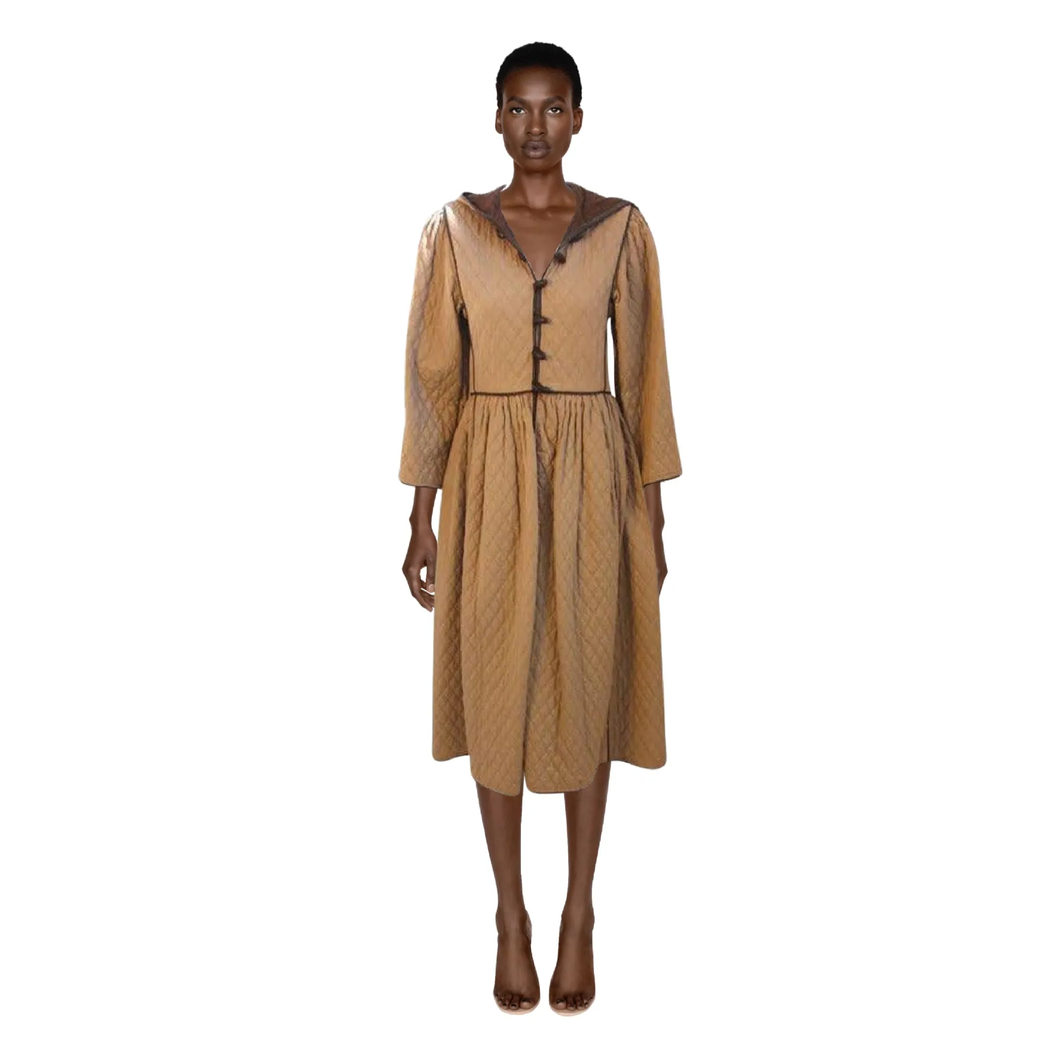 YVES SAINT LAURENT 1980s Khaki Quilted Toggle Coat Dress | Size 38